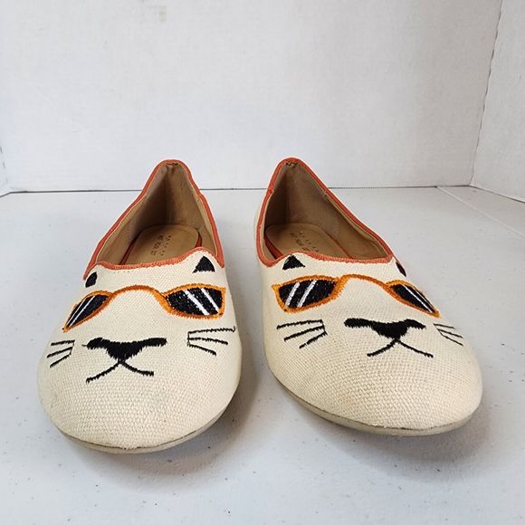 Cat Face Shoes Flats Womens 9.5 Kitten Embroidered Hot Polka Dot Cream Orange - Picture 3 of 10